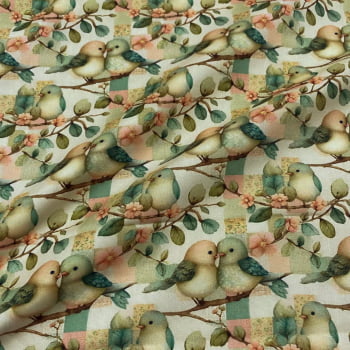 Tecido Tricoline Digital Floral Passarinhos Fofos Coleção Bird Patch