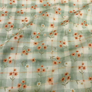 Tecido Tricoline Digital Floral Ramilhos Laranja Fundo Verde - Coleção Cute Orange Tecido Tricoline Digital Floral Ramilhos Laranja Fundo Verde - Coleção Cute Orange