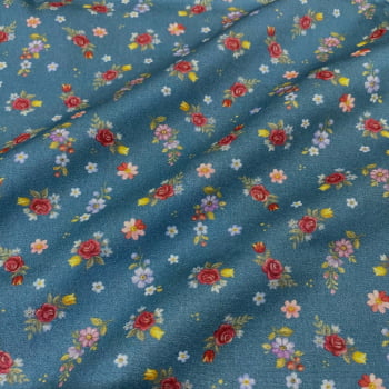 Tecido Tricoline Digital Floral Raminhos Fundo Azul - Coleção Bauer Tecido Tricoline Digital Floral Raminhos Fundo Azul - Coleção Bauer