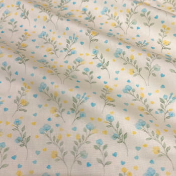Tecido Tricoline Digital Floral Ramos Azul Amarelo Coleção Florzinha Romântica Tecido Tricoline Digital Floral Ramos Azul Amarelo Coleção Florzinha Romântica