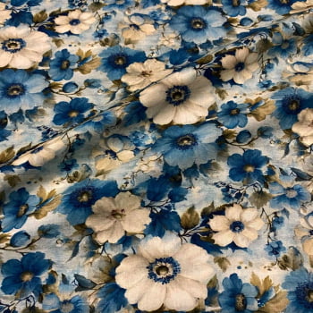 Tecido Tricoline Digital Floral Romântico Grande Azul - Coleção Le Bleu