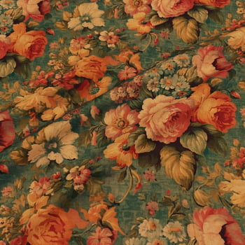 Tecido Tricoline Digital Floral Romântico Grande Fundo Azul (Coleção Floral Vintage) 