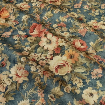 Tecido Tricoline Digital Floral Romântico Grande Fundo Azul (Coleção Floral Vintage) Tecido Tricoline Digital Floral Romântico Grande Fundo Azul (Coleção Floral Vintage)