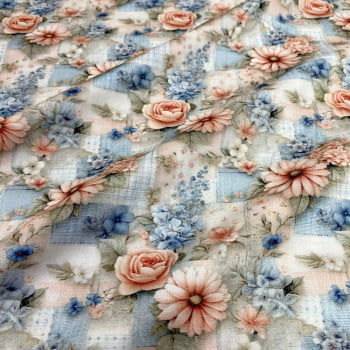 Tecido Tricoline Digital Floral Romântico Rose Azul (Shabby Love) Tecido Tricoline Digital Floral Romântico Rose Azul (Shabby Love)