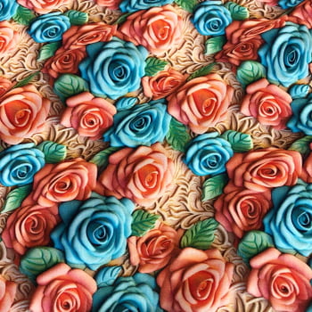 Tecido Tricoline Digital 3D Floral Rosas Azul e Rose