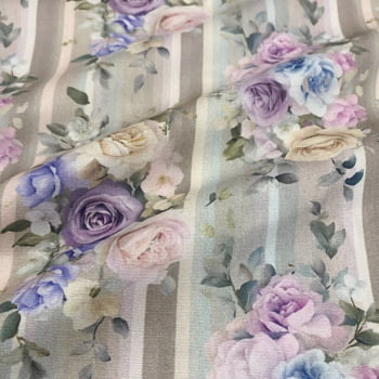Tecido Tricoline Digital Floral Rosas Lilás Listras Coleção Lavandisca  