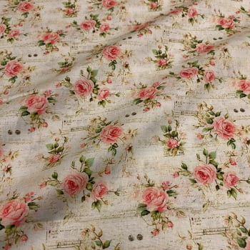 Tecido Tricoline Digital Floral Rosas Vintage Coleção Costureiras & Ateliê