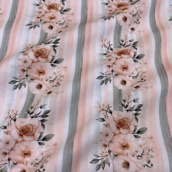 Tecido Tricoline Digital Floral Salmão Fundo Listras Tecido Tricoline Digital Floral Salmão Fundo Listras