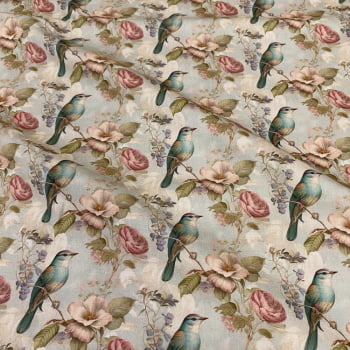 Tecido Tricoline Digital Floral Vintage e Passaros Fundo Verde Tecido Tricoline Digital Floral Vintage e Passaros Fundo Verde