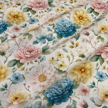 Tecido Tricoline Digital Flores Dalias Fundo Cru (Pastel Floral) Tecido Tricoline Digital Flores Dalias Fundo Cru (Pastel Floral)