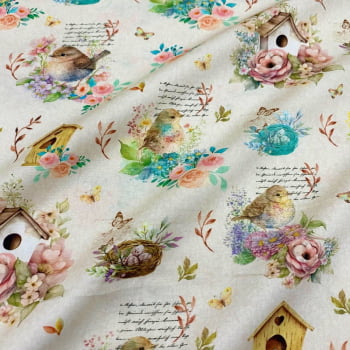 Tecido Tricoline Digital Floral Pássaros Marfim (Coleção Poesia dos Passaros)