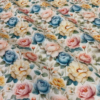 Tecido Tricoline Digital Flores Rosas Fundo Cru (Pastel Floral) Tecido Tricoline Digital Flores Rosas Fundo Cru (Pastel Floral)