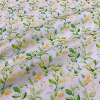 Tecido Tricoline Digital Folhagem Verde e Amarelo