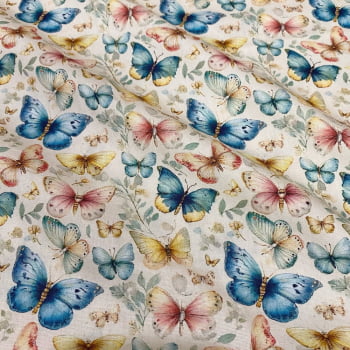 Tecido Tricoline Digital Folhas e Borboletas Fundo Cru (Pastel Floral) Tecido Tricoline Digital Folhas e Borboletas Fundo Cru (Pastel Floral)