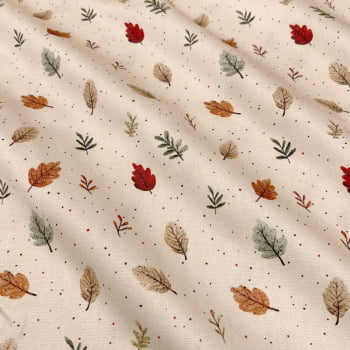 Tecido Tricoline Digital Folhas Pequenas Fundo Bege Apple Cinnamon Tecido Tricoline Digital Folhas Pequenas Fundo Bege Apple Cinnamon