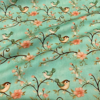 Tecido Tricoline Digital Galhos Flores e Passarinhos Coleção Dreamy   Tecido Tricoline Digital Galhos Flores e Passarinhos Coleção Dreamy