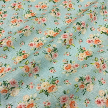 Tecido Tricoline Digital Jardim de Rosas Vintage Garden Fundo Azul 