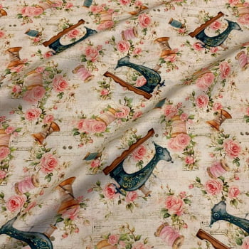 Tecido Tricoline Digital Maquina de Costura e Rosas Coleção Costureiras & Ateliê 