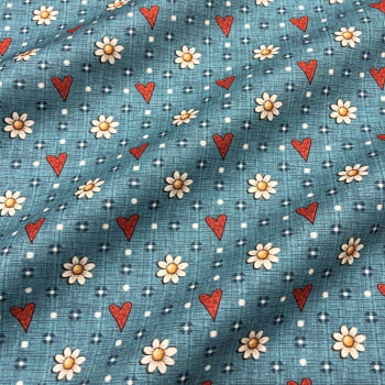 Tecido Tricoline Digital Mini Floral e Corações Azul (Felicidade)