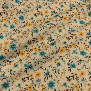 Tecido Tricoline Digital Mini Floral Ramalhete Amarelo e Azul