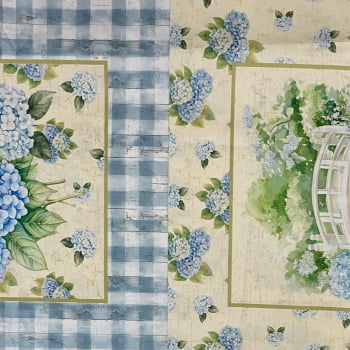 Tecido Tricoline Digital Painel Aplique Hortensia e Xadrez Coleção Hortênsias