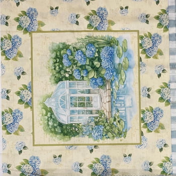 Tecido Tricoline Digital Painel Aplique Hortensia e Xadrez Coleção Hortênsias