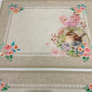 Tecido Tricoline Digital Painel Jogo Americano Floral e Pássaros (Coleção Poesia dos Pássaros)
