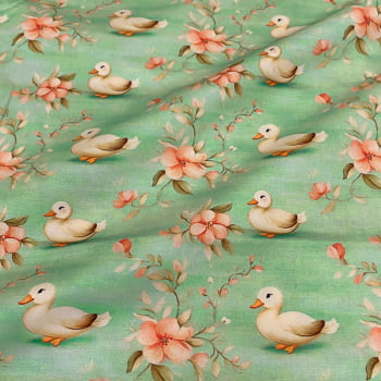 Tecido Tricoline Digital Patos e Flores Coleção Dreamy