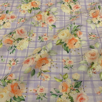 Tecido Tricoline Digital Rosas no Xadrez Vintage Garden Fundo Lilas 