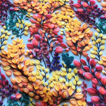 Tecido Tricoline Estampa 3D Bordado Digital Folhas Coloridas