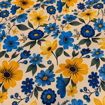 Tecido Tricoline Floral Amarelo e Azul fundo Cru