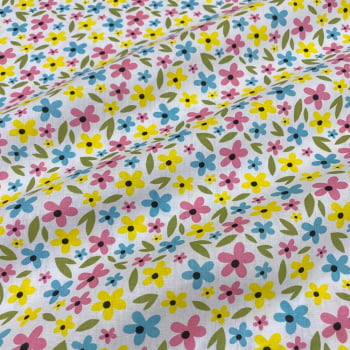 Tecido Tricoline Floral Colorido Fundo Branco