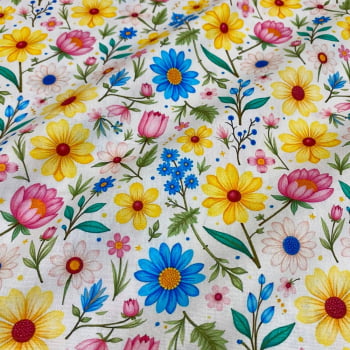 Tecido Tricoline Floral Diverso Colorido Fundo Cru