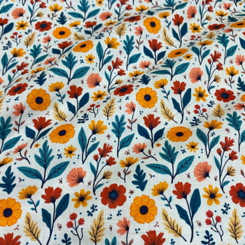 Tecido Tricoline Floral Diversos Vermelho e Laranja Fundo Off