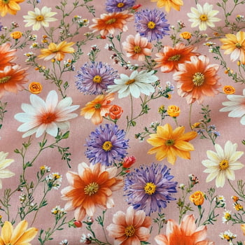 Tecido Tricoline Floral Elegante Colorido Fundo Rose