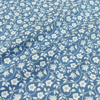 Tecido Tricoline Floral Entrelaçado Azul Jeans