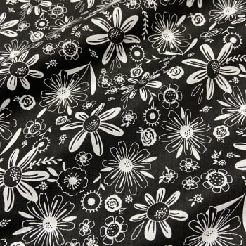 Tecido Tricoline Floral Esperança Preto (Preto e Branco)