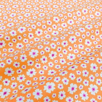 Tecido Tricoline Floral Flores Brancas Fundo Laranja