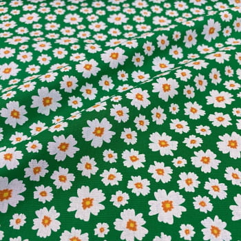 Tecido Tricoline Floral Flores Brancas Fundo Verde Escuro