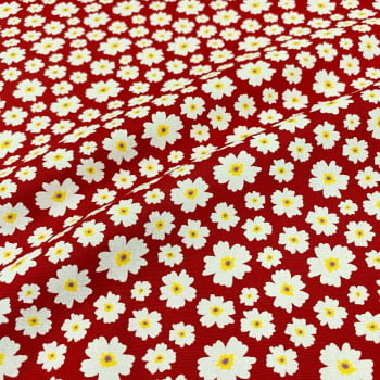Tecido Tricoline Floral Flores Brancas Fundo Vermelho