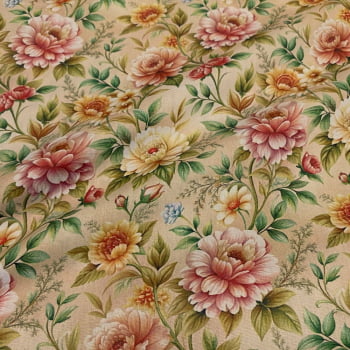 Tecido Tricoline Floral Flores Grandes Estilo Boho Fundo Bege Tecido Tricoline Floral Flores Grandes Estilo Boho Fundo Bege