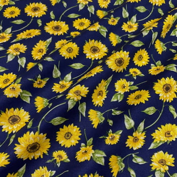 Tecido Tricoline Floral Girassol Fundo Azul Marinho