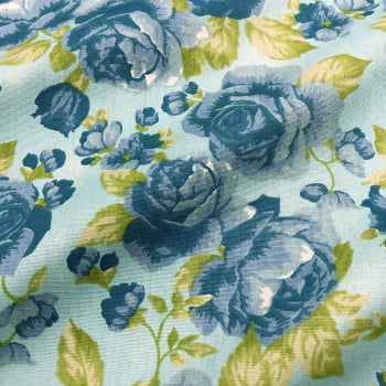 Tecido Tricoline Floral Grande Azul (I LOVE ROSES)   