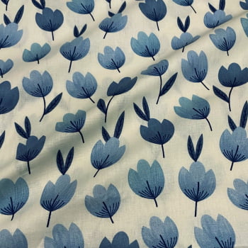 Tecido Tricoline Floral Grandes Tulipas Azul Fundo Branco