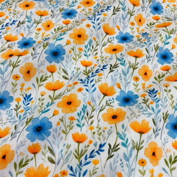 Tecido Tricoline Floral Laranja e Azul Fundo Off