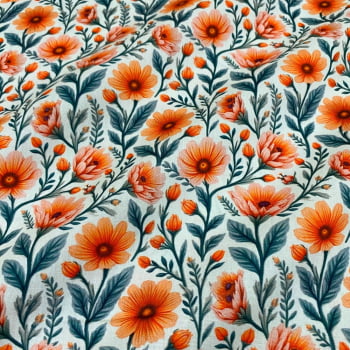 Tecido Tricoline Floral Laranja Fundo Cru