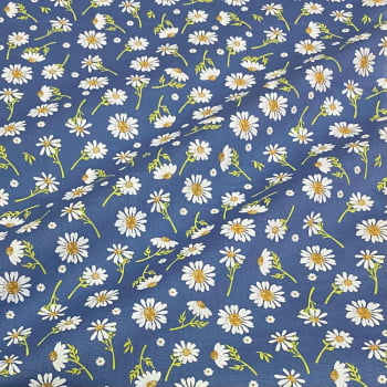 Tecido Tricoline Floral Margarida Fundo Azul Jeans