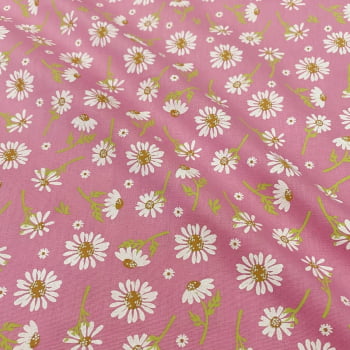 Tecido Tricoline Floral Margarida Fundo Rosa Bebe