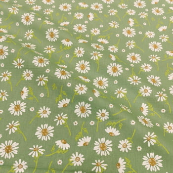 Tecido Tricoline Floral Margarida Fundo Verde Claro