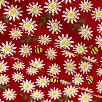 Tecido Tricoline Floral Margarida e Abelhas  Fundo Vermelho